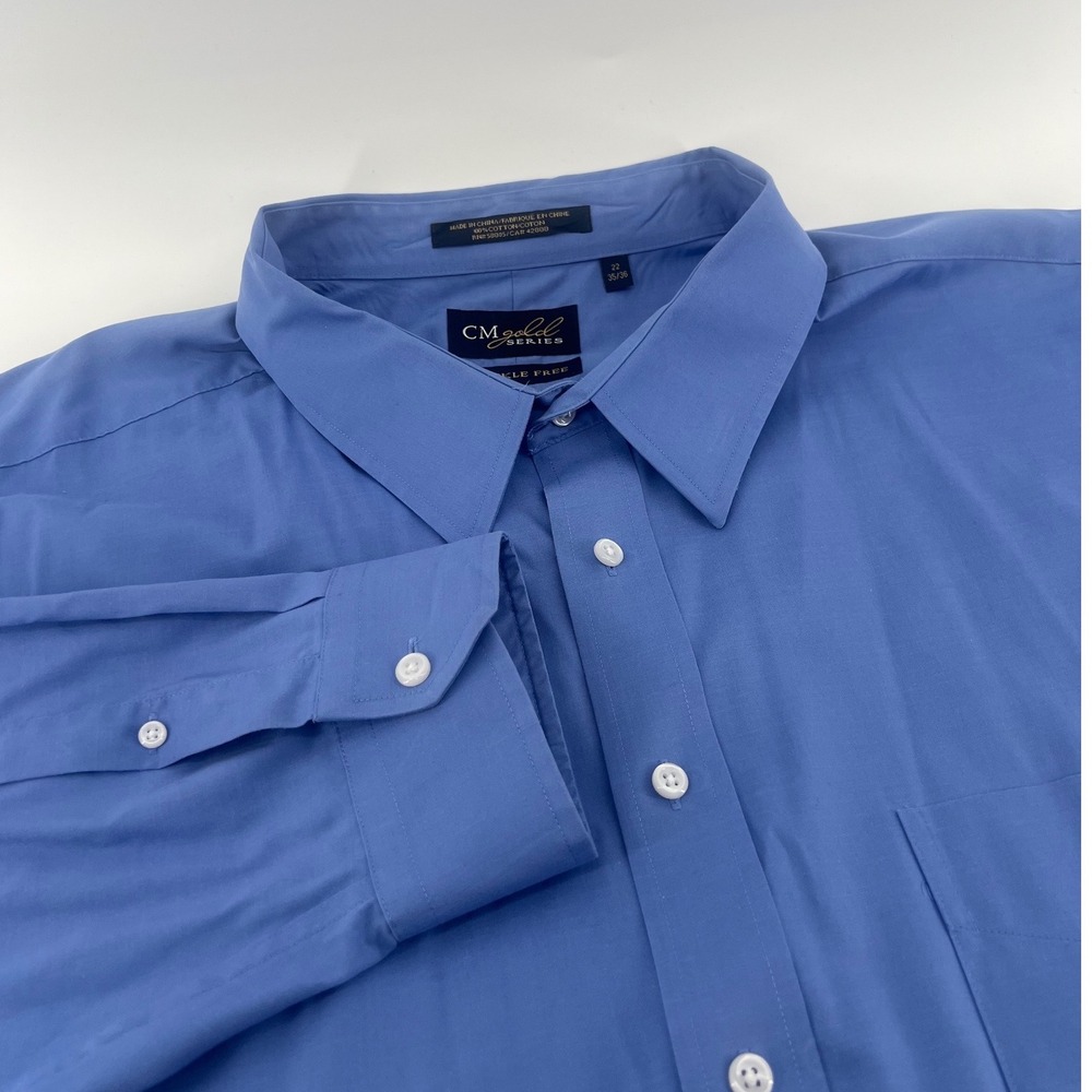 CM Gold Series Mens Blue Wrinkle Free Cotton Dress Shirt Size 22 35/36 Big Tall